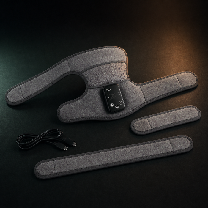 Charcoal AuraZen FlexHeat wrap with touch controller, two extension straps and USB-C cable on a dark studio surface.