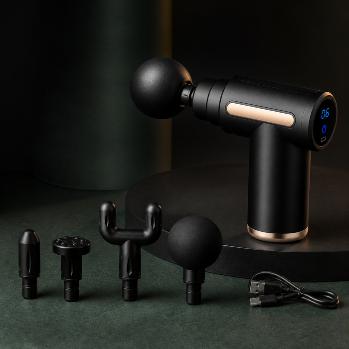 Black AuraZen PocketPulse mini massage gun with rear digital display, four heads and USB cable on a dark studio surface.