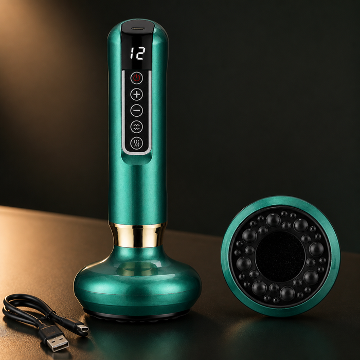 Emerald-green AuraZen CuppaFlow with digital display, five-button controls, wide suction base and USB cable.