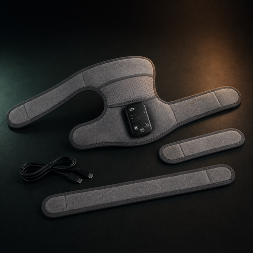 Charcoal AuraZen FlexHeat wrap with touch controller, two extension straps and USB-C cable on a dark studio surface.