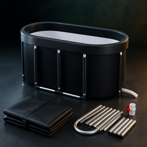 Black AuraZen FrostFold oval tub with aluminum supports, folded body, drain parts and support poles on a dark studio surface.