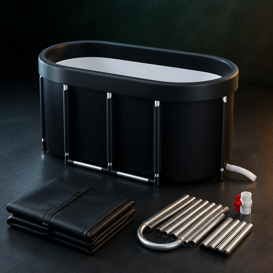 Black AuraZen FrostFold oval tub with aluminum supports, folded body, drain parts and support poles on a dark studio surface.
