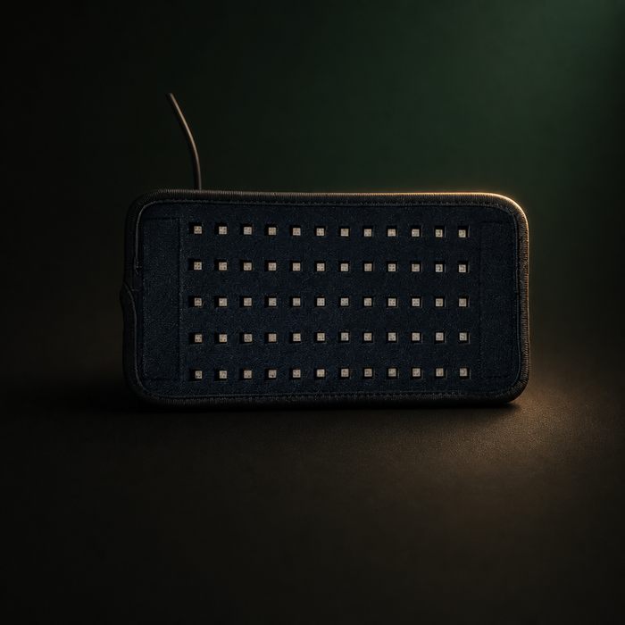AuraZen LumaBelt black rectangular light panel with sixty LED windows on a dark studio surface.