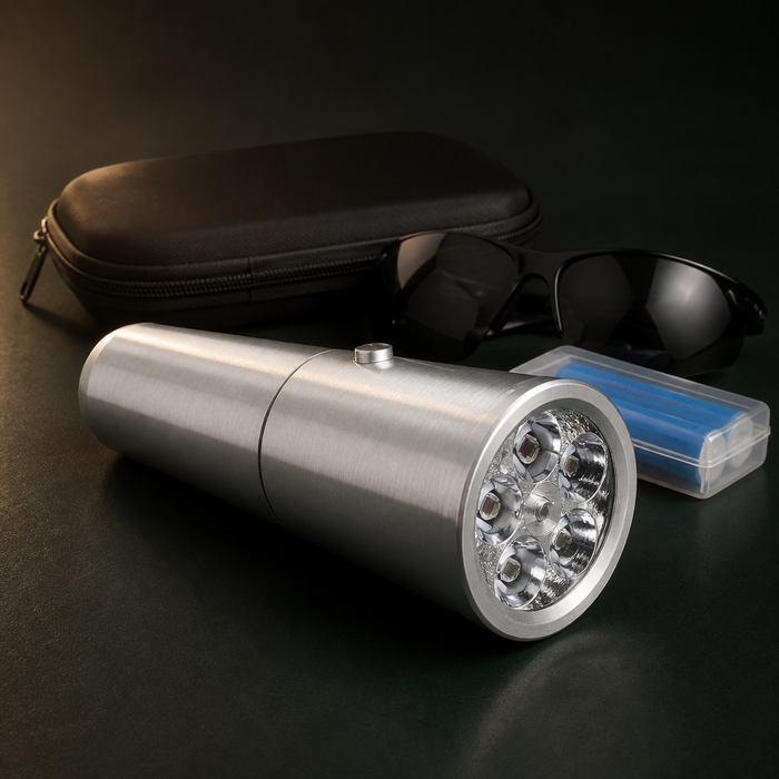 AuraZen LumaPen silver five-light handheld device with protective glasses and black travel case.