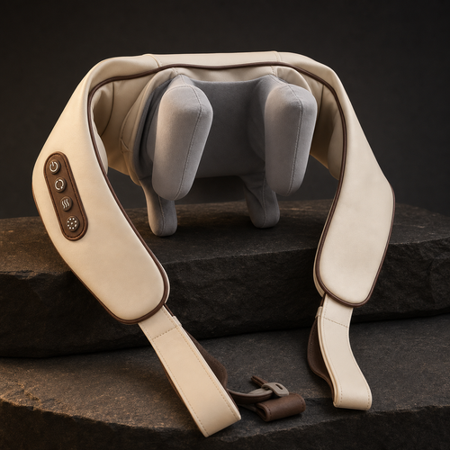 AuraZen Pro beige neck and shoulder massager on a dark stone studio set.