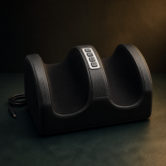 Black AuraZen StepEase with two padded foot channels, four-button control panel and power cord on a dark studio surface.