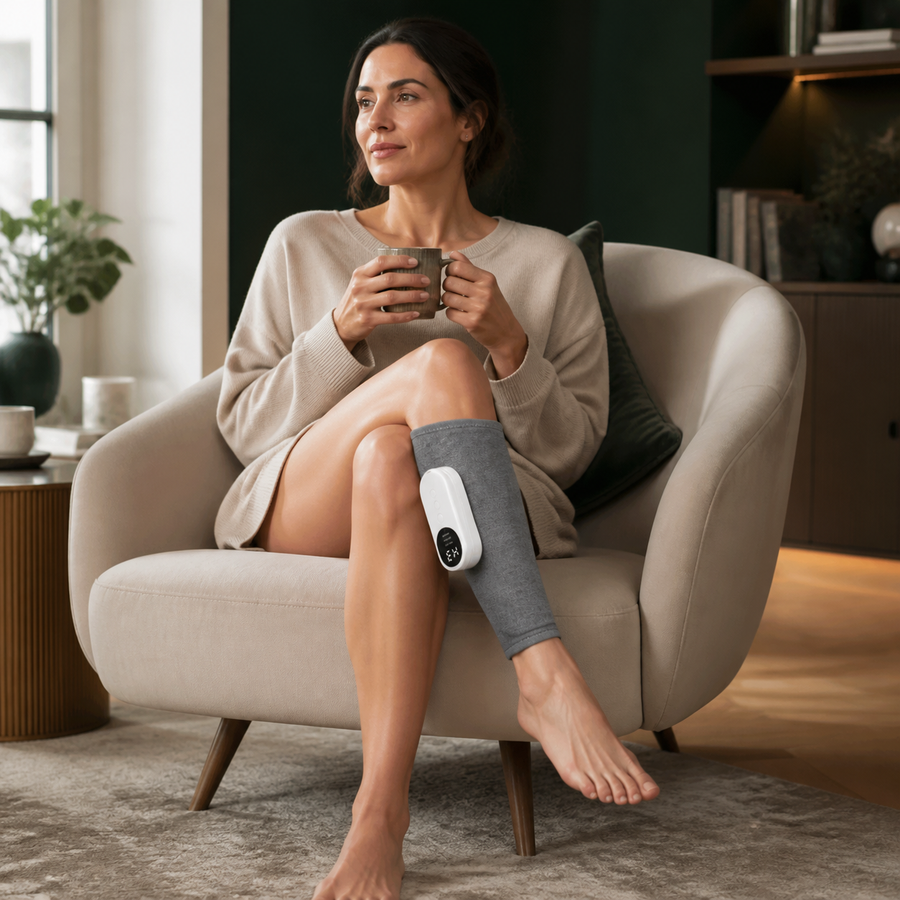 Woman seated at home wearing one charcoal AuraZen AirRecover wrap around her lower calf.