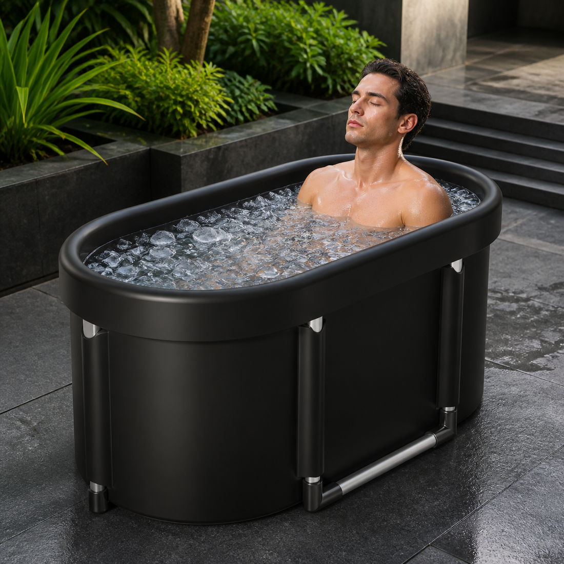 Man seated calmly in the black AuraZen FrostFold filled with cold water and ice on a modern patio.