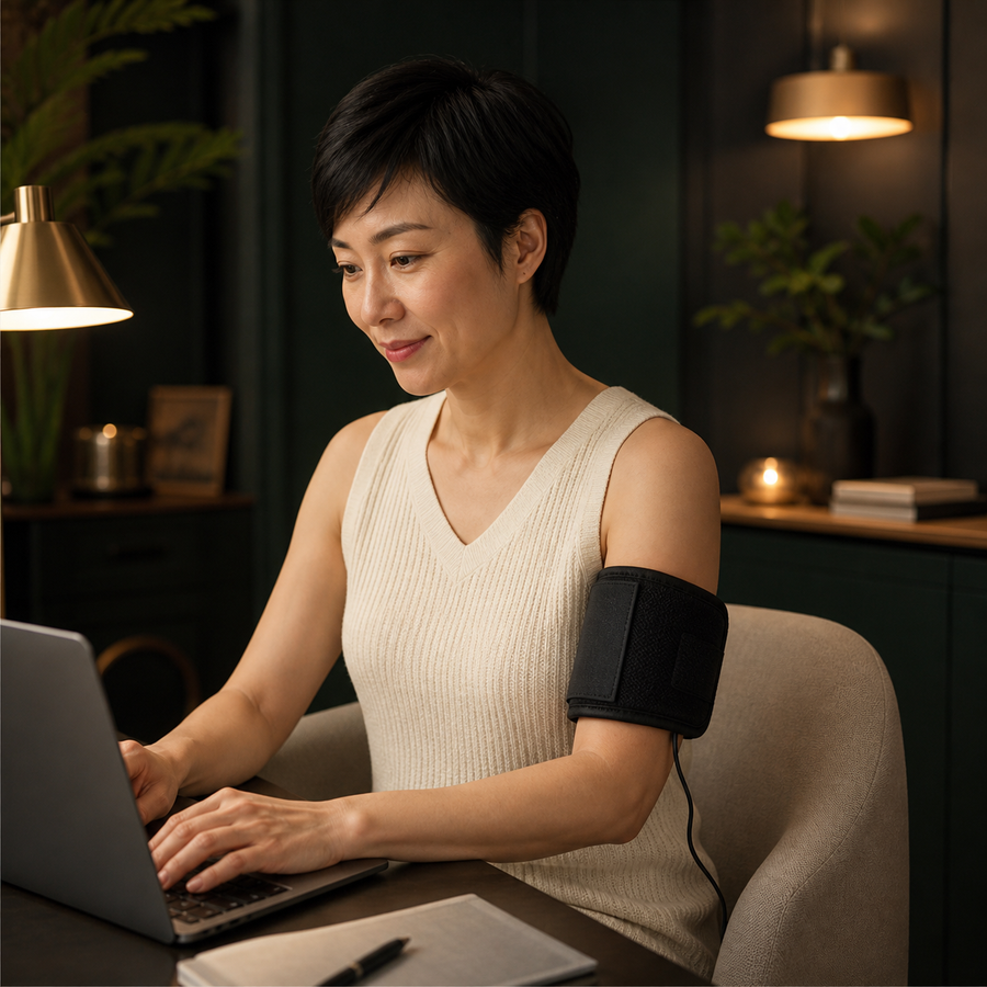 Woman seated at a home desk wearing the black AuraZen LumaBelt wrap around her upper arm.