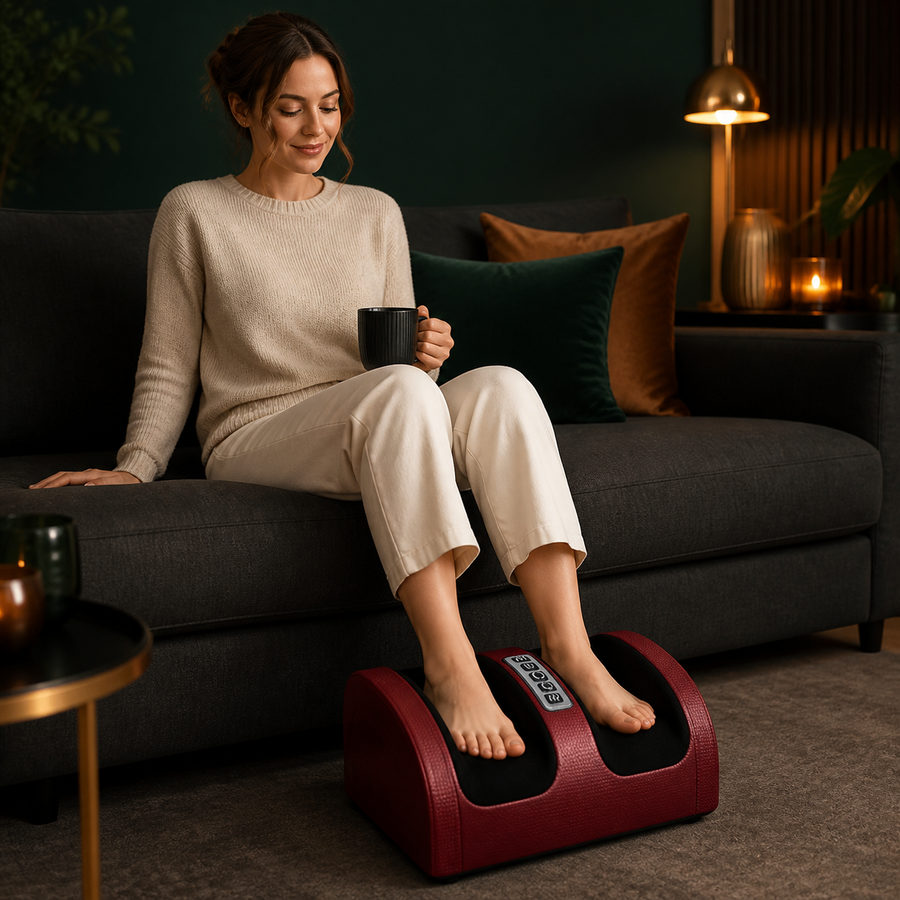 Woman seated on a sofa using the burgundy-red AuraZen StepEase with both feet in its padded channels.