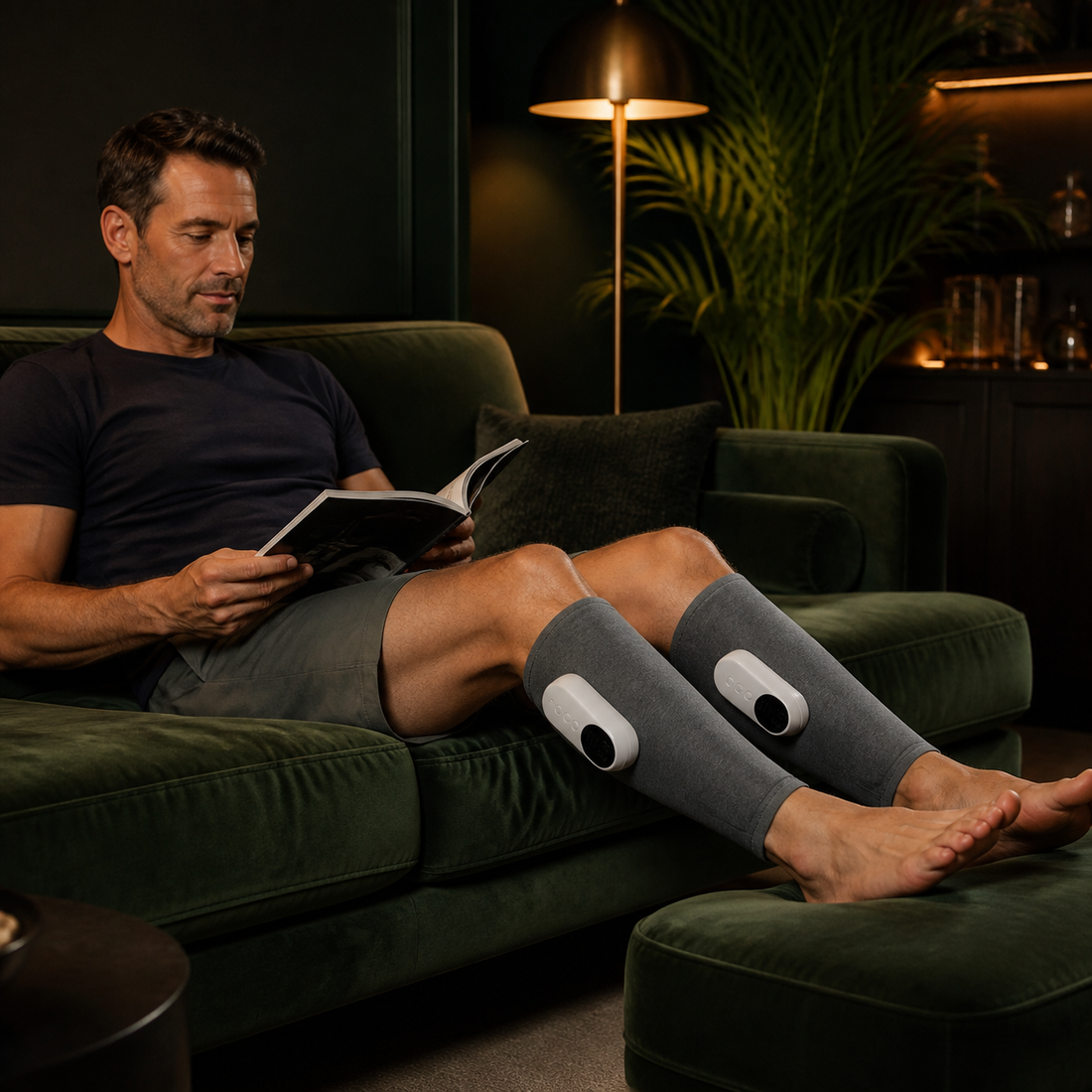 Man seated on a sofa wearing the double AuraZen AirRecover set around both lower calves.
