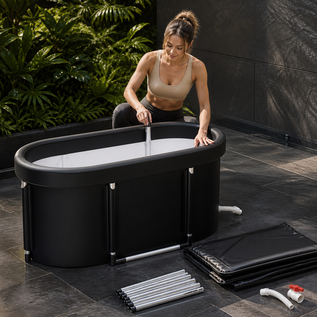 Woman assembling the black AuraZen FrostFold support structure beside its folded body and drain parts.