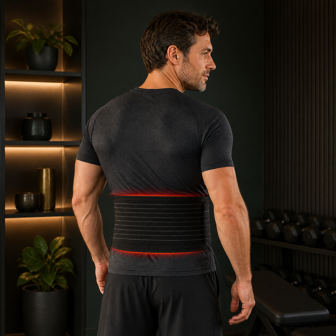 Man in a home workout space wearing the black AuraZen LumaBelt wrap around his lower back.