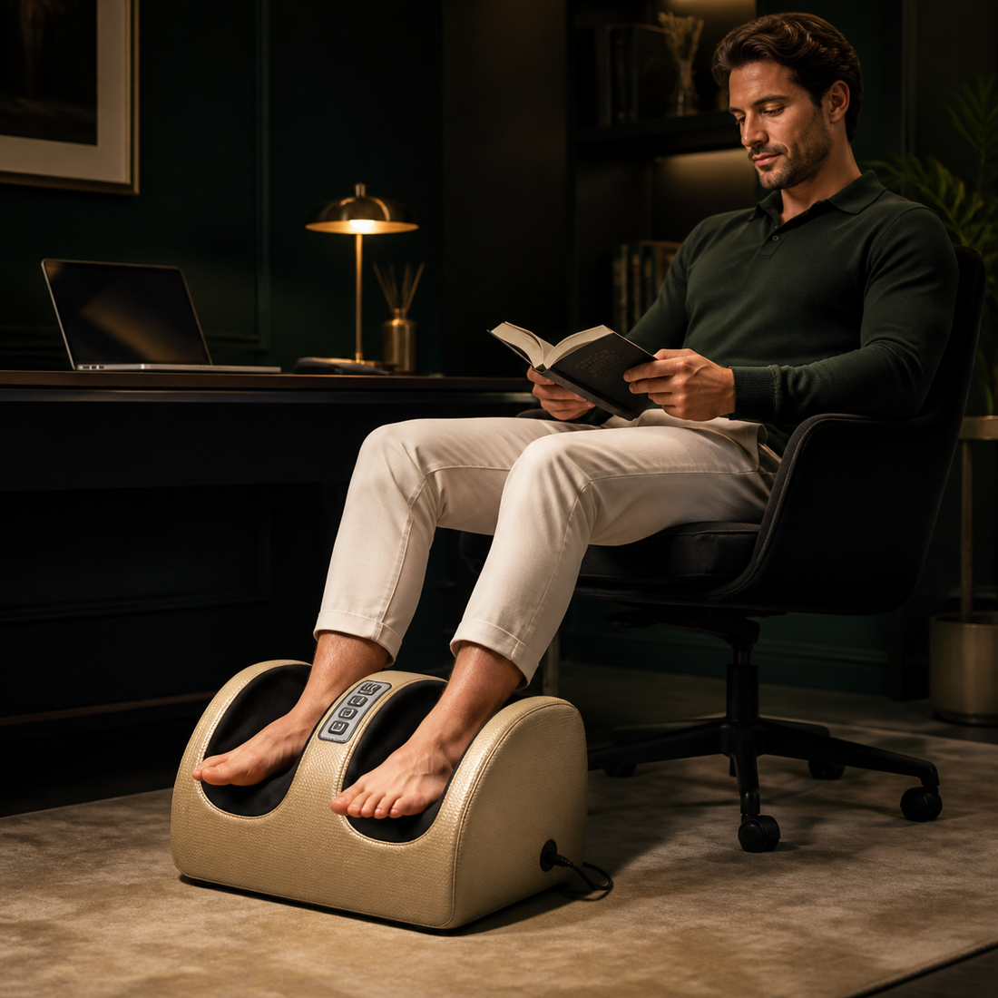 Man seated in a home office using the champagne-gold AuraZen StepEase during an evening routine.