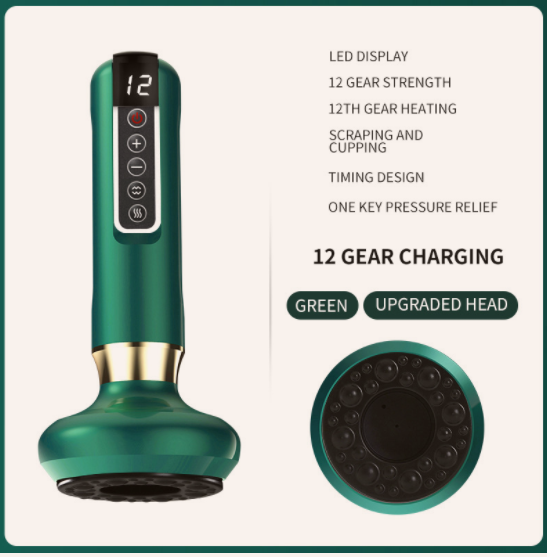 Exact supplier graphic of the green 12-level rechargeable CuppaFlow and its upgraded circular head.