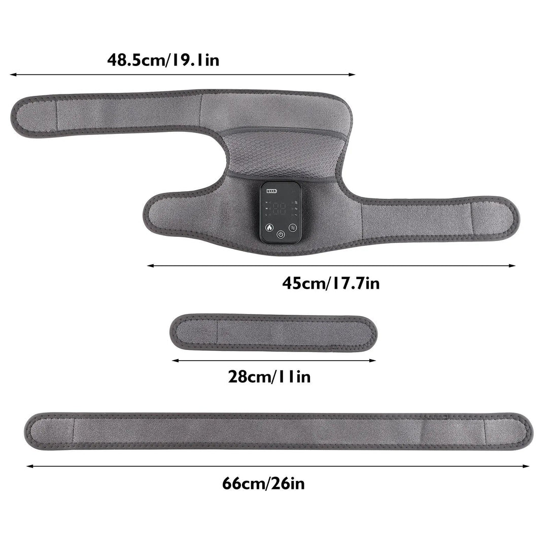 Exact supplier diagram of the gray AuraZen FlexHeat wrap and its 28 cm and 66 cm extension straps.