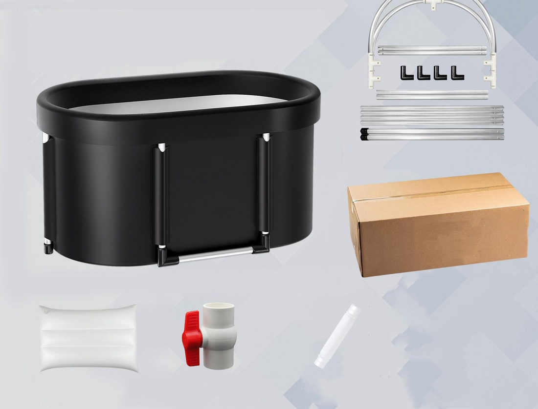 Exact supplier layout of the FrostFold tub, aluminum frame pieces, drain valve, hose, cushion and shipping carton.