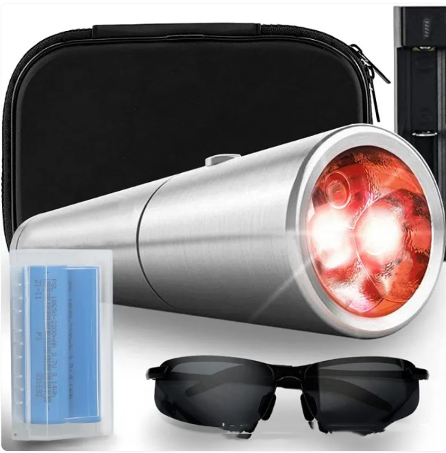 Exact supplier photograph of the silver five-light device, black case, protective glasses and battery accessories.