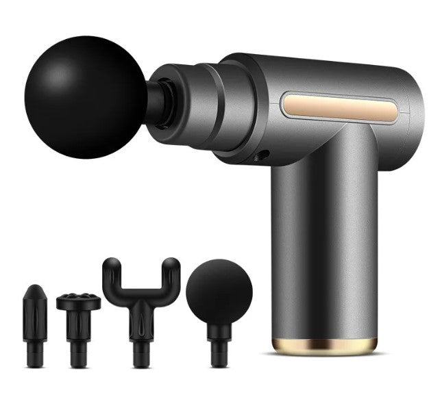 Exact supplier photograph of the gray PocketPulse with ball, bullet, flat and fork massage heads.