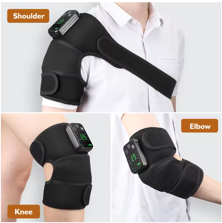 Reference showing the AuraZen FlexHeat wrap positioned at the shoulder, knee and elbow.