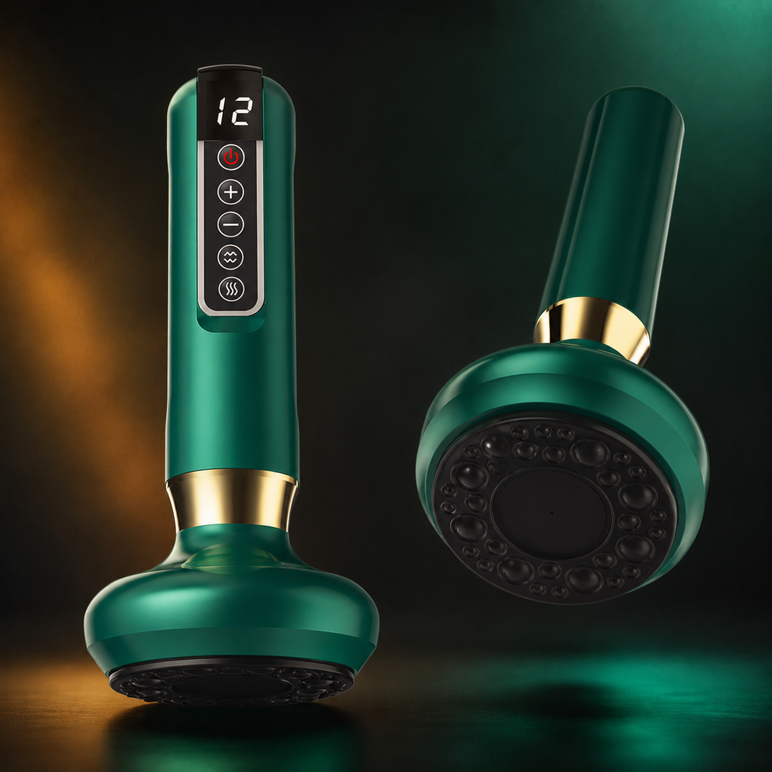 Emerald AuraZen CuppaFlow and charging cable presented on a dark premium studio surface.