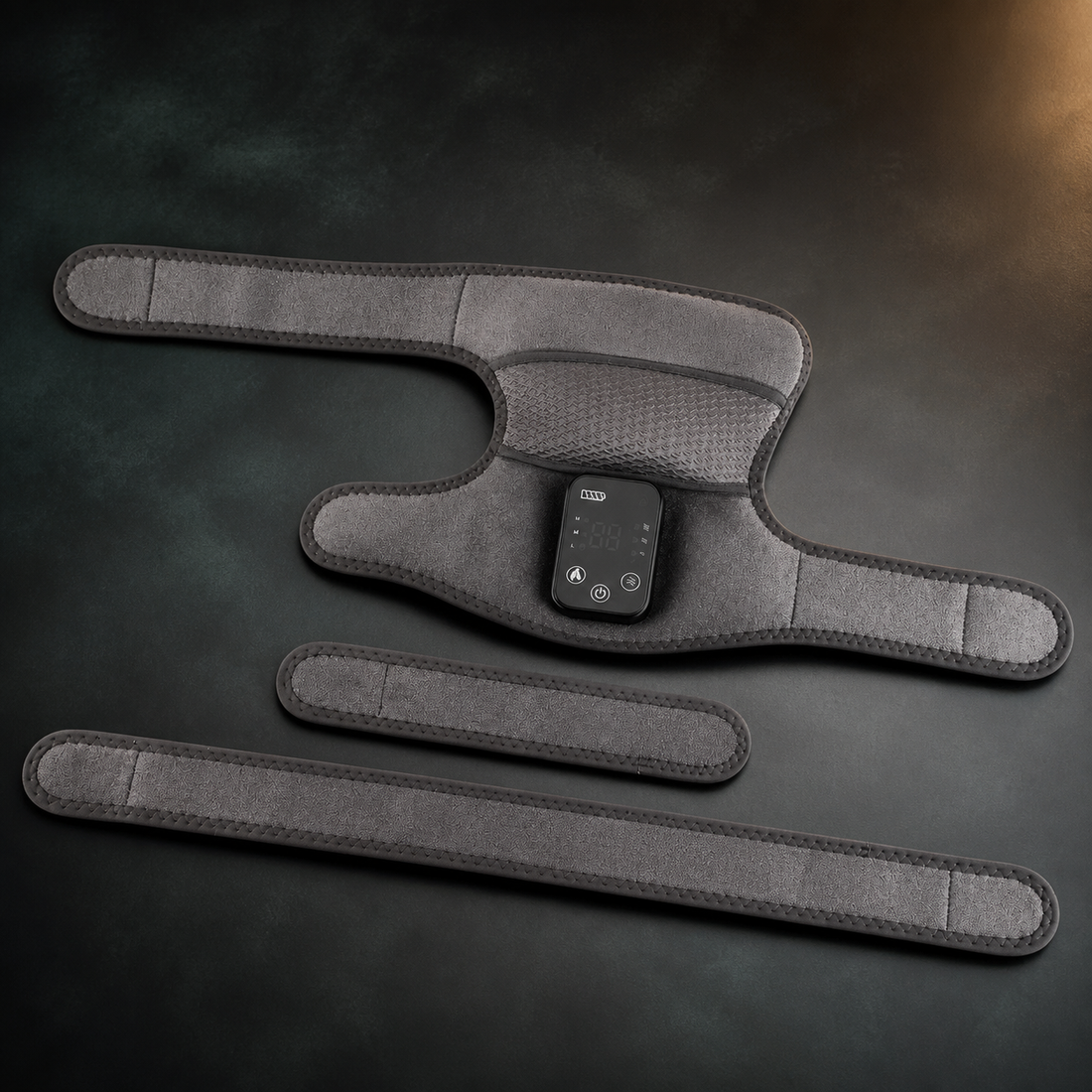 AuraZen FlexHeat wrap, controller, extension straps and cable arranged on a dark premium surface.