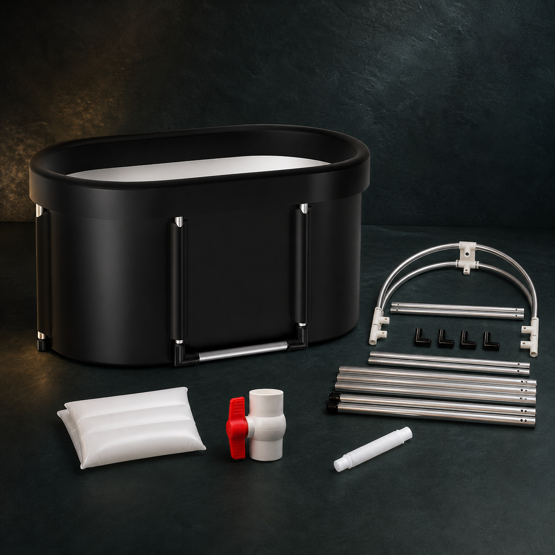 AuraZen FrostFold portable tub kit and frame components arranged on a dark premium surface.