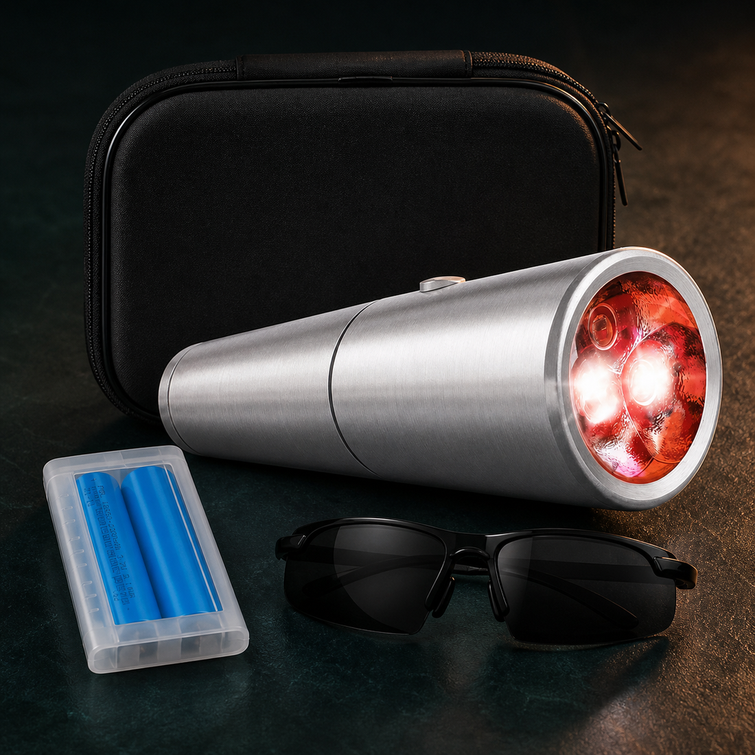 AuraZen LumaPen, protective glasses and fitted travel case arranged on a dark premium surface.