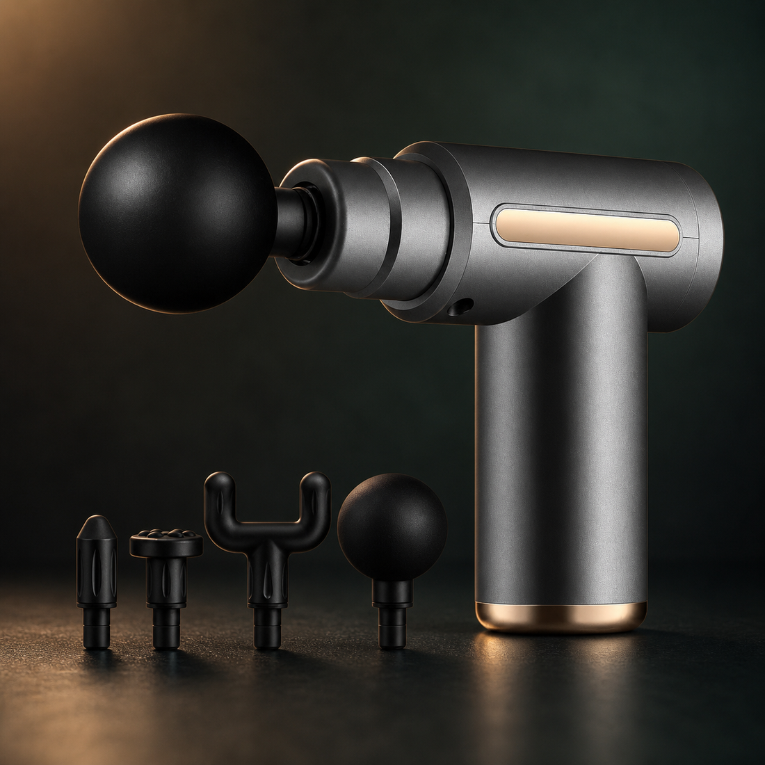 Gray AuraZen PocketPulse with four interchangeable heads and USB cable on a dark premium surface.