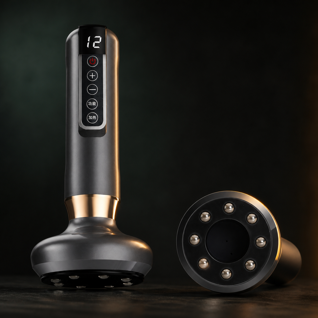 Gray AuraZen CuppaFlow with its display, controls and suction base shown on a dark premium surface.