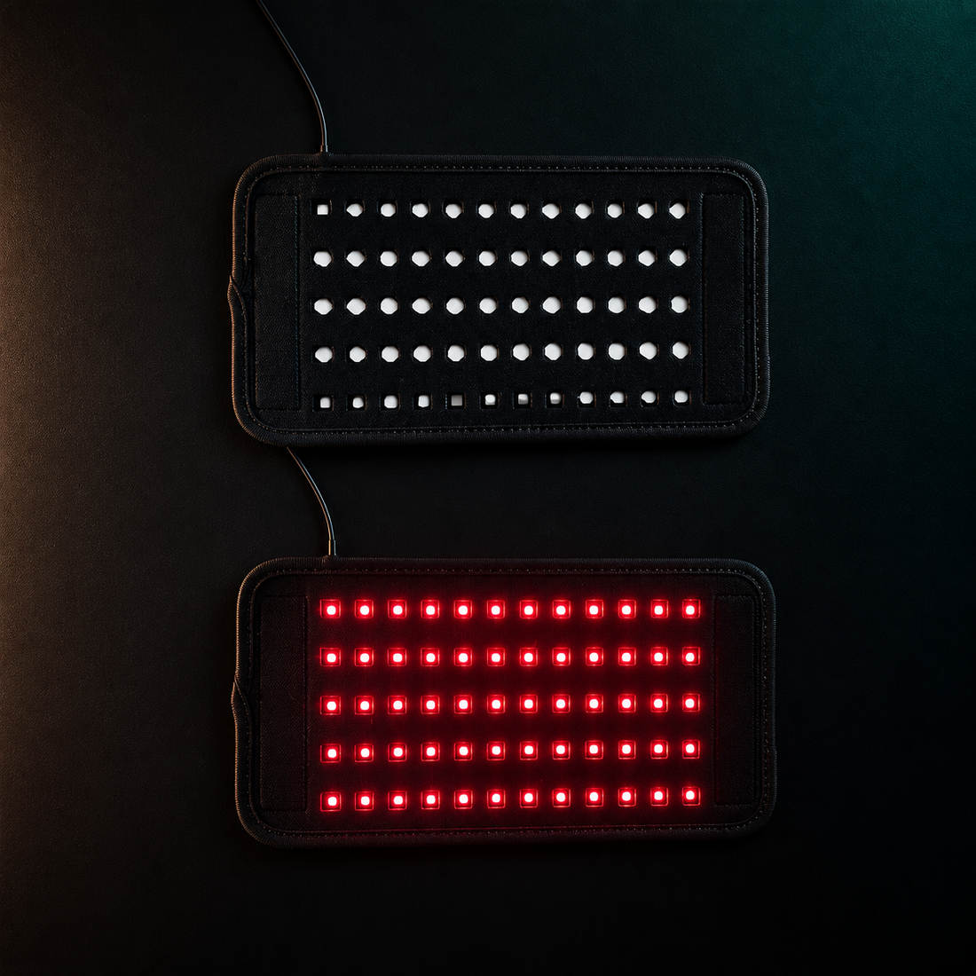 AuraZen LumaBelt light panel shown switched off and illuminated red on a dark premium surface.
